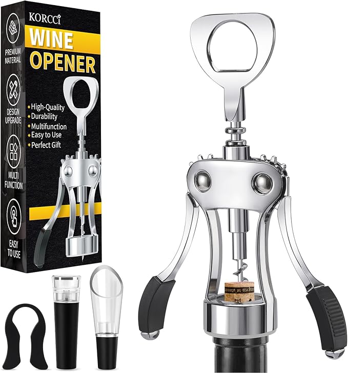KORCCI Multifunctional Wine Bottle Opener Gift Set - Heavy-Duty Zinc Alloy Wing Corkscrew, Foil Cutter, Vacuum Stopper & Aerator Pourer for Kitchen, Bar, Restaurant, Bartenders by KORCCI