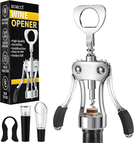 KORCCI Multifunctional Wine Bottle Opener Gift Set - Heavy-Duty Zinc Alloy Wing Corkscrew, Foil Cutter, Vacuum Stopper & Aerator Pourer for Kitchen, Bar, Restaurant, Bartenders by KORCCI