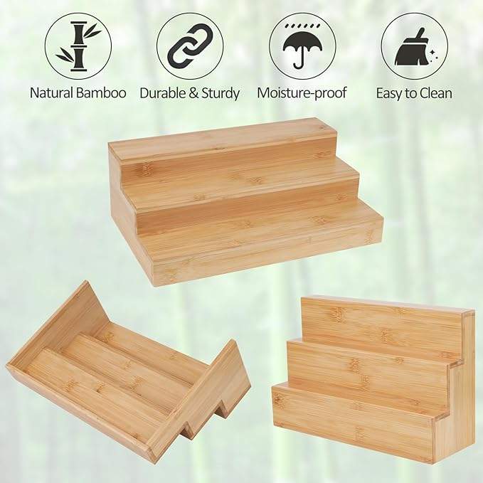 2 Pack Bamboo Spice Rack Organizer for Kitchen Counter, 3 Tier Spice Shelf Holder for Cabinet (Jars Not Included) - Image 7