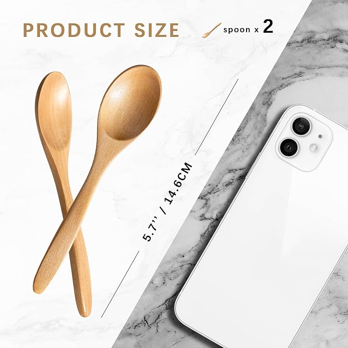 2 PCS Small Wooden Spoons, 5.8 Inch Honey Spoons for Tea, Schima Wooden Honey Teaspoon for Coffee, Little Tiny Wood Spoons, Bamboo Table Spoon for stirring, Wooden Spoons for Utensils Set - Image 2