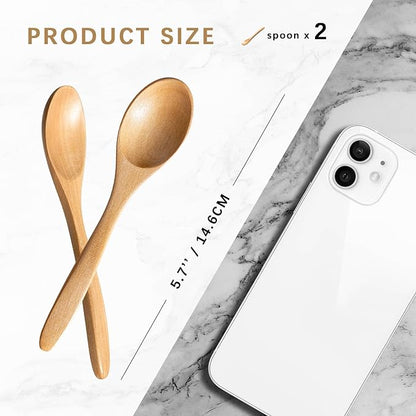 2 PCS Small Wooden Spoons, 5.8 Inch Honey Spoons for Tea, Schima Wooden Honey Teaspoon for Coffee, Little Tiny Wood Spoons, Bamboo Table Spoon for stirring, Wooden Spoons for Utensils Set - Image 2