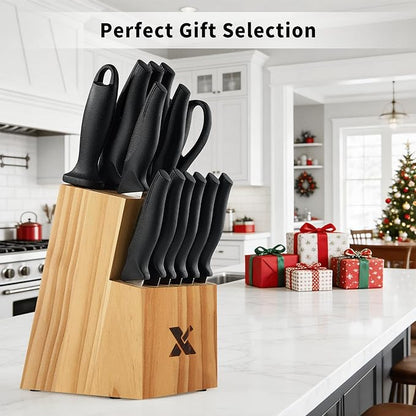 14 Pieces Kitchen Knife Set with Block, German Stainless Steel, BlackSilver - Image 5
