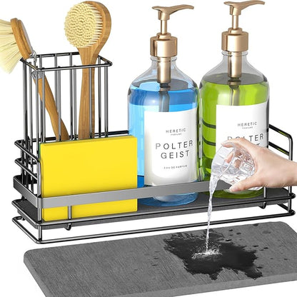 Yofidra Sink Caddy With Stone Drying Tray: Stainless Steel Soap Dispenser Kitchen Sink Organizer Set, Sponge Holder Counter Accessories Decor for Kitchen Organizers and Storage 8.1x3.5x4.5 in Black by Yofidra