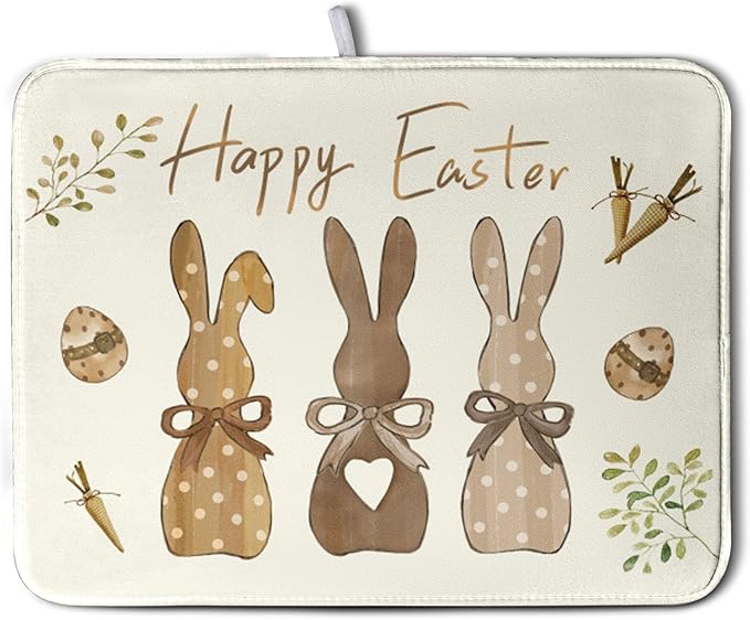Happy Easter Bunny Dish Drying Mat Rabbits Egg Carrot Dish Pad for Kitchen Counter 18x24 Inch Microfiber Absorbent Spring Bufflao Plaid Dish Draining Mat Reusable Washable Dish Drainer Rack Mat by Kwlegh