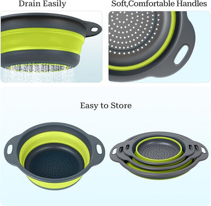 Collapsible Colander 3-Pack Set Space-Saving Foldable Kitchen Strainer with Non-Slip Base Durable Thickened PP+TPE Collapsible Strainers for Pasta, Vegetables, Fruits (Gray-Green) - Image 4