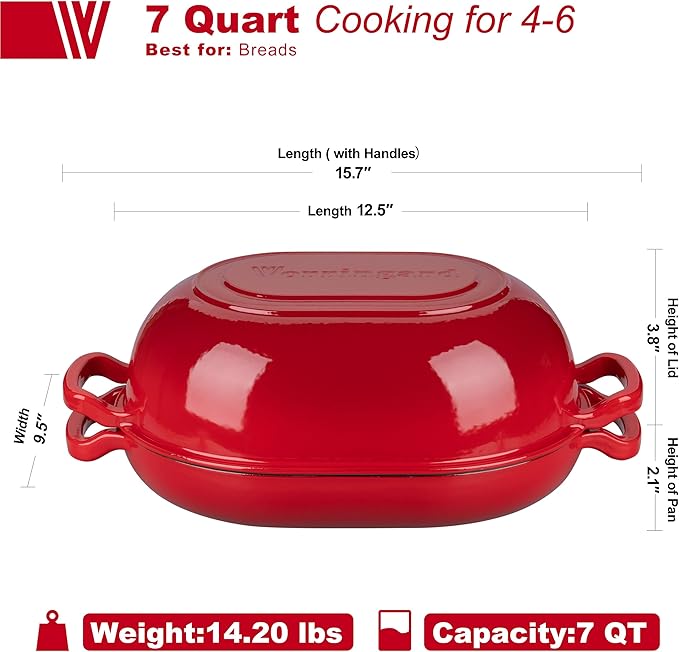 VORRINGARD Enameled Cast Iron Sourdough Bread Oven, Dutch Oven, Loaf Cast Iron Bread Pan for Homemade Bread Baking, Meatloaf Pan with Lid, 7QT, Red - Image 2