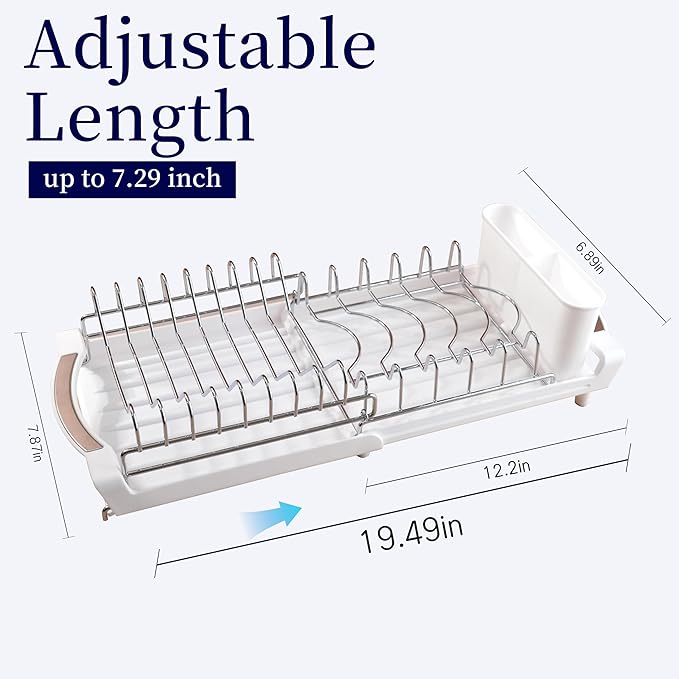 Dish Drying Rack Compact Expandable - A Space-Saving, Stainless Steel, Rust-Resistant Dish Drainer for Kitchen and Apartment Countertops/Sink Cabinets, Extendable from 11.42 to 19.9 inches (White) - Image 2