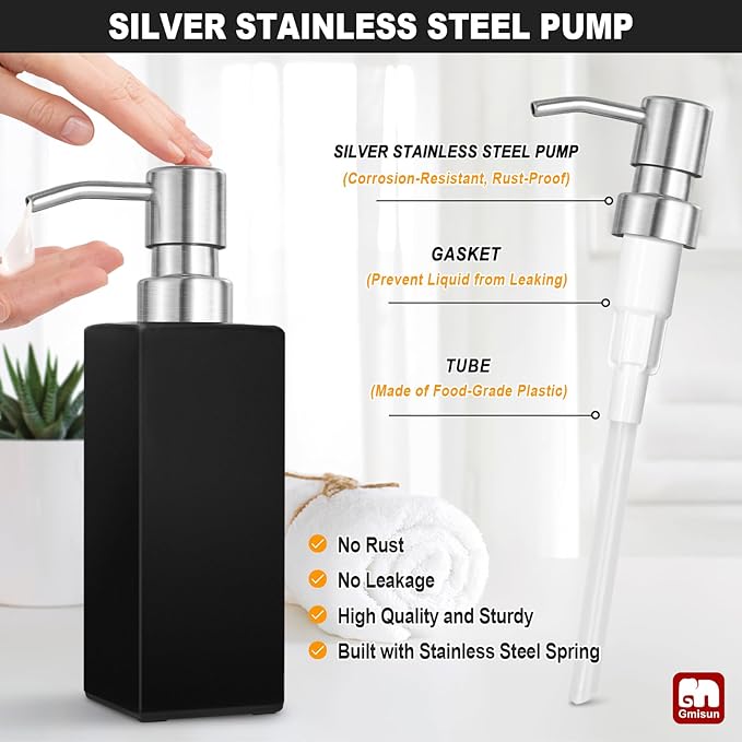 GMISUN Black Soap Dispenser, Hand Soap Dispenser Bathroom, 12 fl oz/350ml Glass Soap Dispensers with Stainless Steel Pump, Refillable Liquid Dish Dispenser for Kitchen, Modern Soap and Lotion Bottles - Image 3