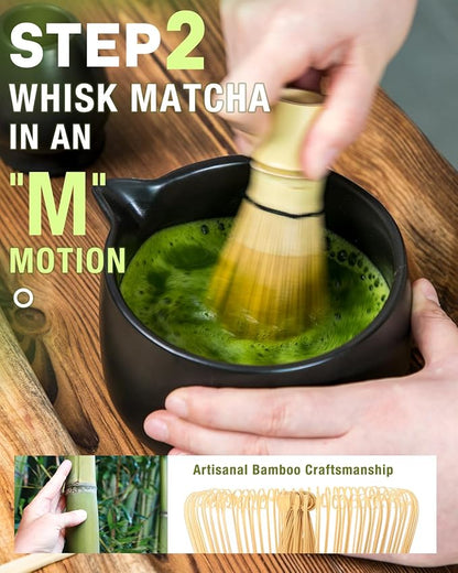 20OZ Matcha Whisk Set - 5PCS Matcha Set Includes Macha Bowl with Spout, Bamboo Whisk with Ceramic Holder, Bamboo Scoop and Sifter, Matcha Kit for Ceremony, Gift for Matcha Lovers (Matte Black)