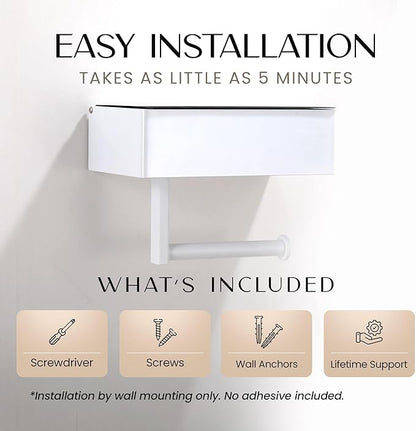 Day Moon™ - Toilet Paper Holder with Shelf - Modern Roll Holder for Bathroom - 1 Pack - Wall Mount - with Storage, White - Image 5