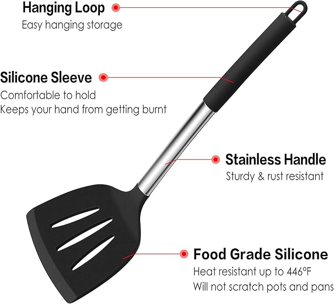 LIANYU 15-Piece Kitchen Cooking Utensils Set with Holder, Silicone Kitchen Tools Stainless Steel Handle, Slotted Spatula Spoon Turner Tong Whisk Brush for Cooking, Black - Image 3