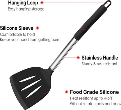 LIANYU 15-Piece Kitchen Cooking Utensils Set with Holder, Silicone Kitchen Tools Stainless Steel Handle, Slotted Spatula Spoon Turner Tong Whisk Brush for Cooking, Black - Image 3