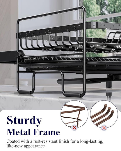 Kitsure Extendable Dish Drying Rack - Adjustable Length 12.8"–21.0", Auto-Draining Dish Rack for Kitchen Counter, Rust-Resistant Metal Frame Over-Sink Support for Plates, Bowls & Utensils, Black - Image 6