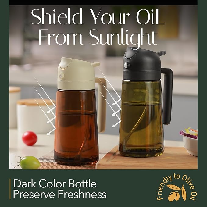 YARRAMATE 16oz/470ml Light-Blocking Dark Oil Sprayer for Cooking, 2 in 1 Olive Oil Dispenser Bottle for Kitchen, Premium Dark Green Glass Oil Bottle, Food-Grade Oil Mister for Air Fryer, BBQ (Pomelo) - Image 2