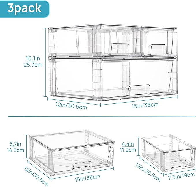 Vtopmart 3 Pack Stackable Storage Drawers, Easily Assemble Acrylic Bathroom Undersink Organizers,Clear Plastic Storage Bins for Closet,Cabinet,Pantry,Medicine Organization - Image 3