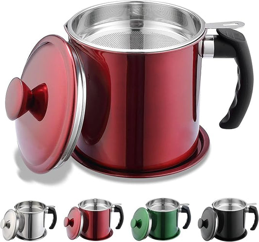 Kyraton Bacon Grease Container With Strainer, 48 oz Metal Shining Red Stainless Steel Oil Container, Pot Fat Storage With Lid, Easy Grip Handle Suitable For Storing Frying Oil And Cooking Grease