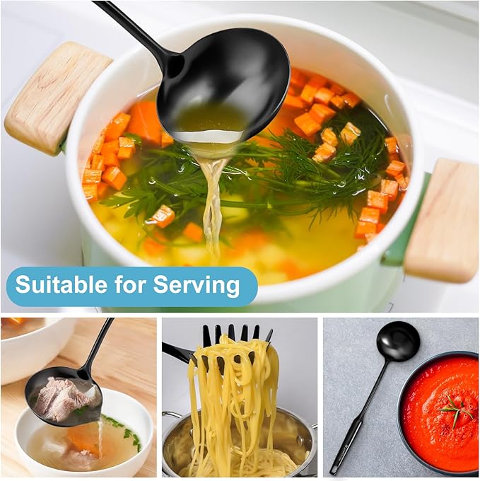 Soup Ladle - 18/10 Stainless Steel Ladle Spoon, 13.8" Large Soup Spoons, Resilient Kitchen Metal Ladel for Cooking, Serving, Stirring, Canning，Sauce, Wok & Soup，Black, Christmas Gifts - Image 6