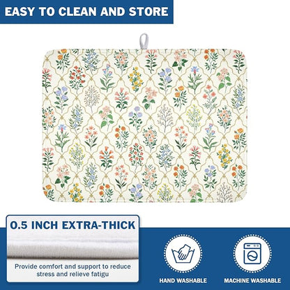 Floral Dish Drying Mat for Kitchen Counter Spring Summer Wild Flowers Diamond Pattern Microfiber Dish Drainer Mat Rustic Absorbent Washable Drying Pad Extra Large 18"x24"