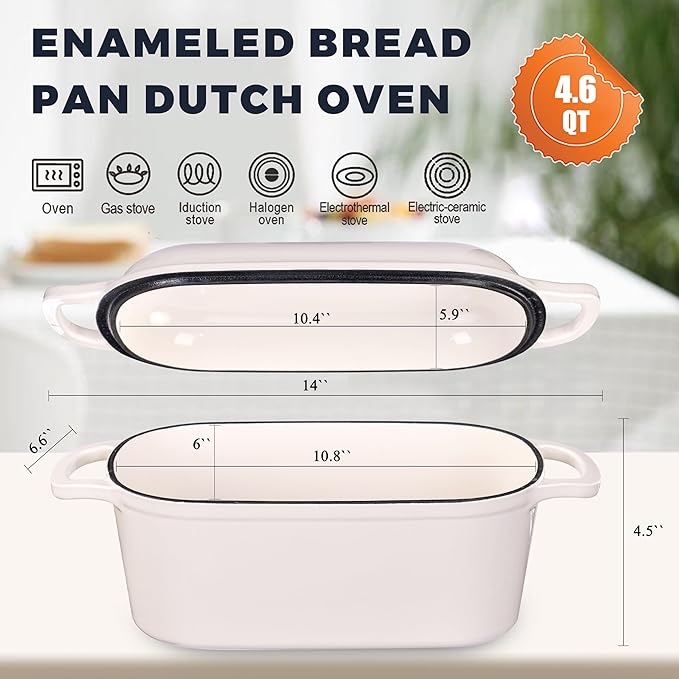 4.6 Quart Dutch Oven for Sourdough Bread Baking, Combo Oval Enameled Cast Iron Bread Pan with Lid, Bread Dutch Oven for a Crispy Crust, White - Image 2