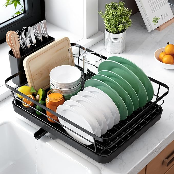 Kitsure Dish Drying Rack for Kitchen Counter, Stainless Steel Sink Organization and Storage Essentials with Cutlery Holder, Home and Appartment Decor, 12''W x 15.5''L, Black by Kitsure