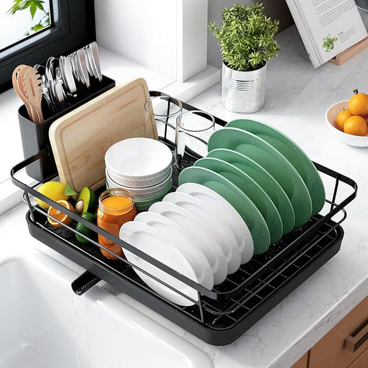 Kitsure Dish Drying Rack for Kitchen Counter, Stainless Steel Sink Organization and Storage Essentials with Cutlery Holder, Home and Appartment Decor, 12''W x 15.5''L, Black by Kitsure