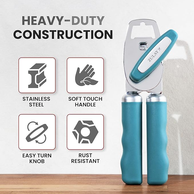Zulay Kitchen Heavy Duty Stainless Steel Can Opener Manual with Bottle Opener - Rust Proof Manual Can Opener With Turn Knob & Comfy Soft Grip Handles - Dusty Blue - Image 3