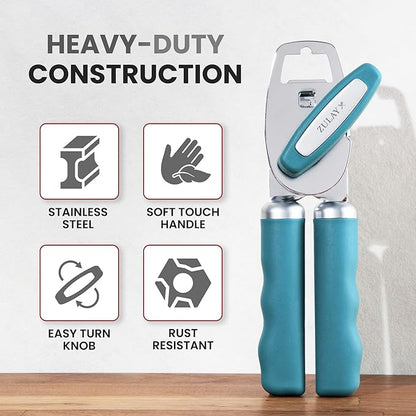 Zulay Kitchen Heavy Duty Stainless Steel Can Opener Manual with Bottle Opener - Rust Proof Manual Can Opener With Turn Knob & Comfy Soft Grip Handles - Dusty Blue - Image 3