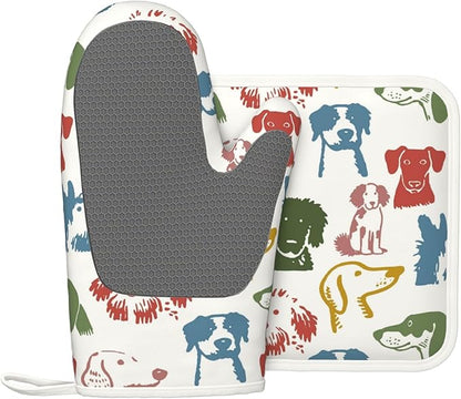 Cute Colorful Dog Puppy Silicone Oven Mitts Pan Mats Set of 2, Heat Resistant Gloves Potholder with Non-Slip Grips Hanging Loops Pot Holder, Spring Summer for Chef Cooking, Baking, Grilling, BBQ