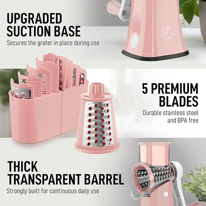 Zulay Kitchen Rotary Cheese Grater 5 Blade Cheese Shredder - Manual Hand Crank Cheese Grater With Reinforced Suction & 5 Interchangeable Drums - Easy to Use, Vegetable Chopper Round Mandoline Slicer - Image 7
