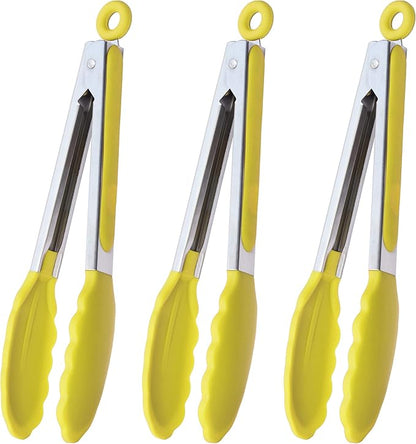 HINMAY Silicone Tipped Tongs 9-Inch Kitchen Cooking Tongs, Set of 3 (Yellow)
