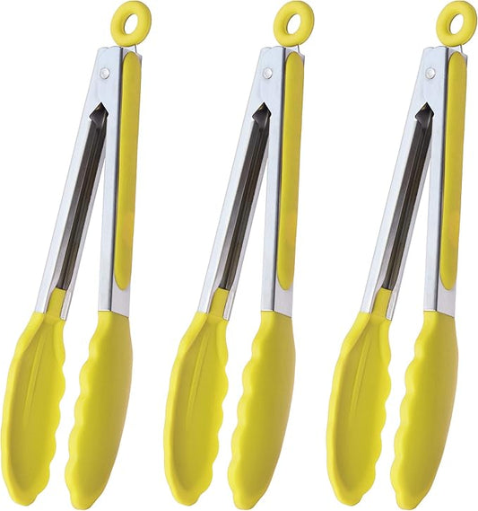 HINMAY Silicone Tipped Tongs 9-Inch Kitchen Cooking Tongs, Set of 3 (Yellow)