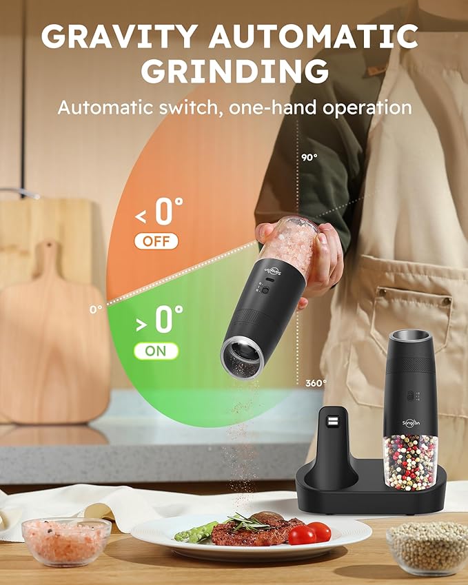 Sangcon 2-Speed Gravity Electric Salt and Pepper Grinder Set RECHARGEABLE, Automatic Salt Pepper Shakers with Charging Base - LED Light One Hand Operated, External Adjustable Coarseness Pepper Mill - Image 5
