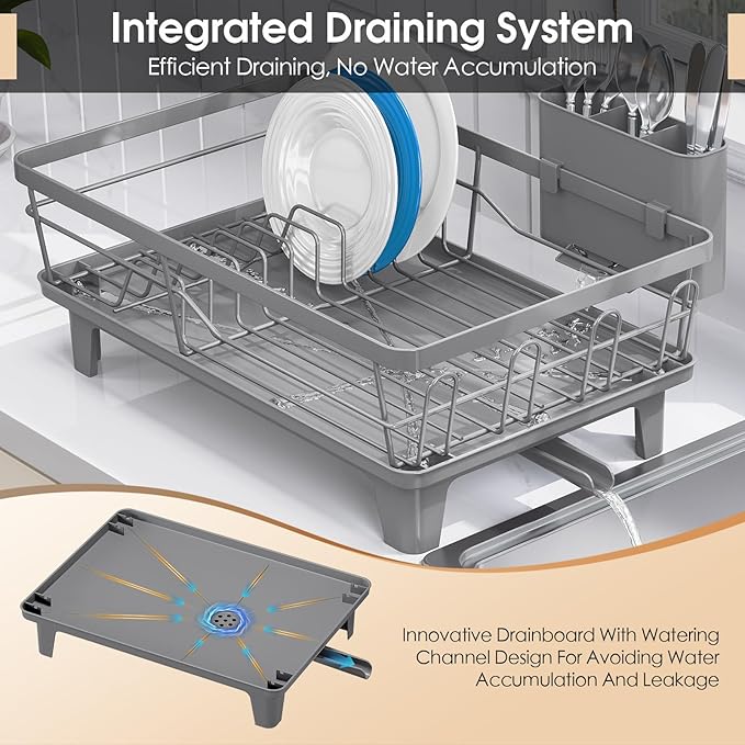 Urackify Dish Drying Rack for Kitchen Counter, Sink Dish Rack with Drainboard 12.2" W x 16.5" L, Large Dish Drainer with Cutlery Holder, Home Countertop Plate Dryer Storage Rack, Gray - Image 4