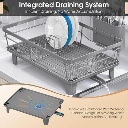 Urackify Dish Drying Rack for Kitchen Counter, Sink Dish Rack with Drainboard 12.2" W x 16.5" L, Large Dish Drainer with Cutlery Holder, Home Countertop Plate Dryer Storage Rack, Gray - Image 4