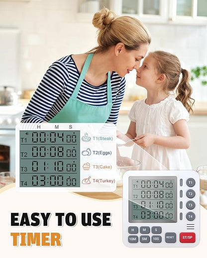 TPNEG Digital Kitchen Timer - 4-Channel Cooking Timer with Alarm, Magnetic Back, Loud & Silent Modes, Count Up/Down, Ideal for ovens, Seniors, Kids and classrooms, Replaceable AAA Battery - Image 2