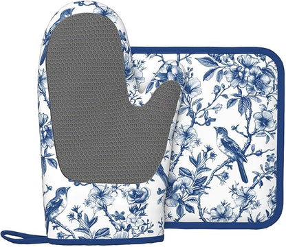 Blue Silicone Oven Mitts Pan Mats Set of 2, Heat Resistant Gloves Potholder with Non-Slip Grips Hanging Loops Pot Holder, Spring Summer for Chef Cooking, Baking, Grilling, BBQ