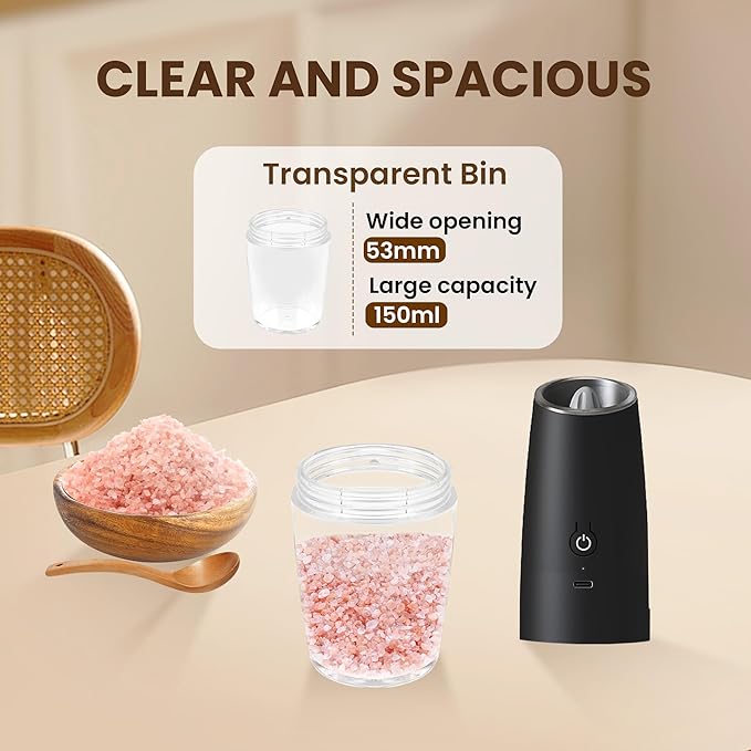 Rechargeable Electric Salt And Pepper Grinder Set, Automatic Gravity Electric Salt And Pepper Grinder Set, Adjustable Roughness, Led Light, 1 Pack, (Black) - Image 5