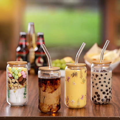Drinking Glasses with Bamboo Lids and Glass Straw 4pcs Set - 16oz Glass Cups, Iced Coffee Glasses, Cute iced Tea Glasses, Beer Glasses, Ideal for Coffee Bar Accessories, Aesthetic Gift - 2 Brushes - Image 3