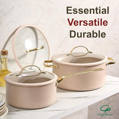 Chef Power Ceramic Cookware Sets, 15Pcs Pots and Pans Set Non Stick, Cookware Set with Stainless Steel Handle, Dishwasher & Oven Safe, Taupe and Light Gold Handle - Image 7