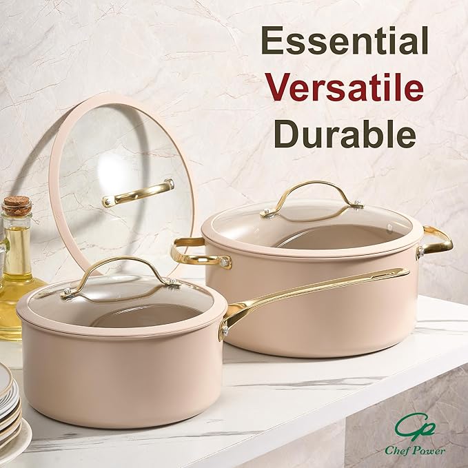 Chef Power Ceramic Cookware Sets, 10Pcs Pots and Pans Set Non Stick, Cookware Set with Stainless Steel Handle, Dishwasher & Oven Safe, Taupe and Light Gold Handle - Image 7