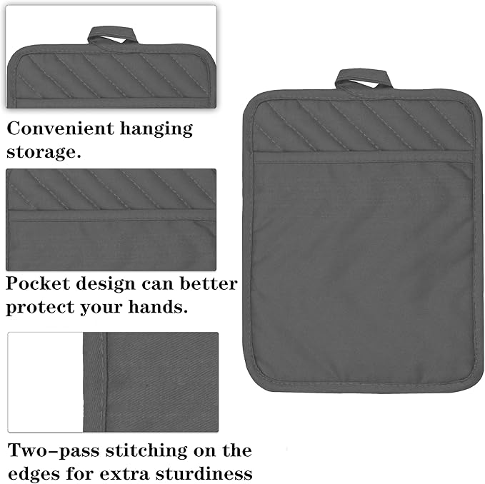 Oven Pot Holder with Pocket Cotton Heat Resistant Coaster Potholder Kitchen Hot Pad Oven Mitts for Cooking Square 7"x9"Set of 5 (Grey) - Image 3