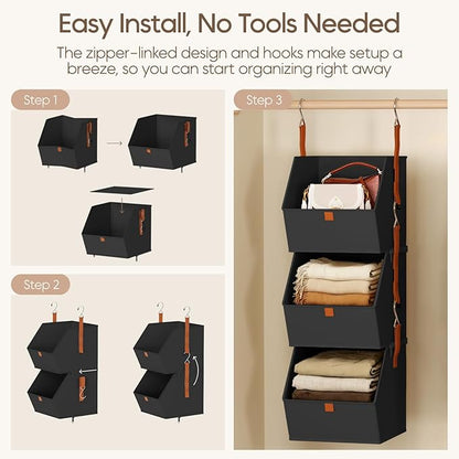 Homsorout Collapsible Hanging Closet Organizer - 3 Tier Closet Shelves Storage System with Hooks, Fabric Hanging Storage Bins for Clothes, Foldable Storage Basket for Laundry, Bedroom, Rv, Black