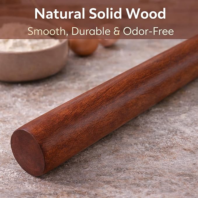 16.5 Inch French Rolling Pin, Wooden Dough Roller for Baking, Solid Wood Tapered Rolling Pin for Pizza, Pie Crust, Cookies, Pastry, Non-Stick, Easy Control Kitchen Baking Tool, African Rosewood