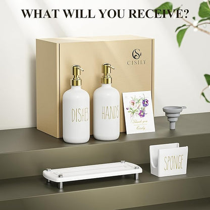 Cisily Kitchen Soap Dispenser Set Comes with Ceramics Sponge Holder, Gold Pumps, and Instant Dry Tray, Hand and Dish Soap Dispenser Set (4, Gold + White + Sponge Holder) - Image 7