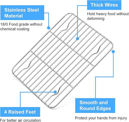 P&P CHEF Baking Cooling Rack Set for Cooking Roasting, 4-Piece Stainless Steel Wire Racks for Oven Use, Healthy & Dishwasher Safe, Rectangle, 8.6 Inch