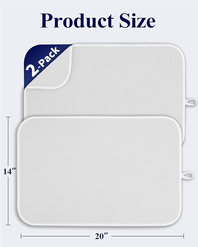 Kitsure Dish Drying Mat - 2-Pack Washable Microfiber Drying Mat for Kitchen Counter, 3-Layer Ultra Absorbent Pad with a Hanging Hook, 20" x 14", White - Image 2