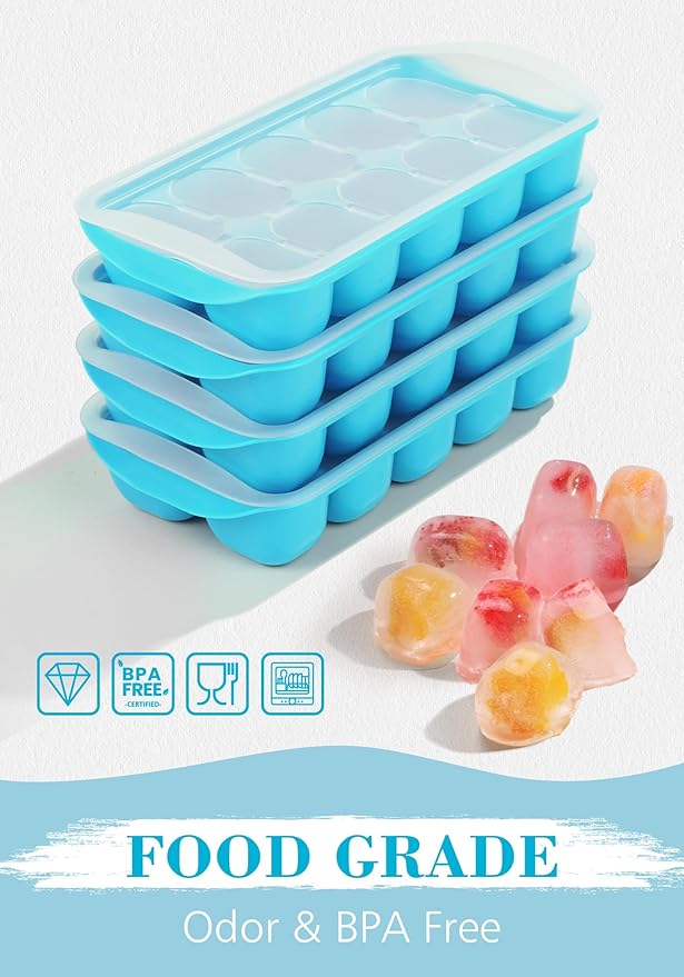 DOQAUS Ice Cube Tray with Lid and Bin - 4 Pack Ice Bucket Kits, Stackable Silicone Ice Trays for Freezer, Easy Pop Out, BPA Free for Cocktail, Coffee, Soup, Food, RV, Kitchen - Image 2
