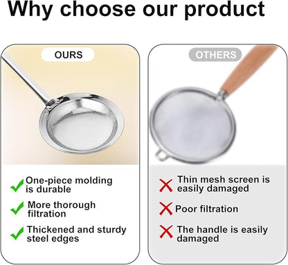 Fine Mesh Stainless Steel Sieve Colander(2 Pack, Large+Small), Mesh Strainer for Cooking Oil, Skimmer Spoon Filte Grease Foam, Food Strainer Kitchen Gadgets