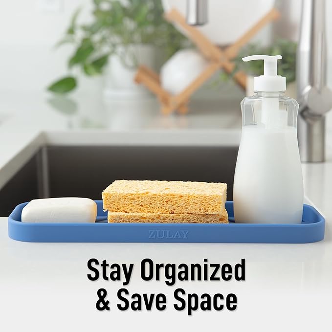 Zulay Kitchen Large Silicone Sponge Holder (12x4) – Flexible Sink Organizer Tray for Kitchen & Bathroom – Multipurpose Soap Dish for Sponges, Makeup, Trinkets & More (Provence Blue) - Image 6