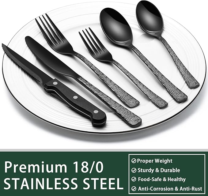 EWFEN 24-Piece Black Silverware Set with Steak Knives, Black Flatware Set for 4, Food-Grade Stainless Steel Tableware Cutlery Set, Mirror Finished Utensil Sets for Home Restaurant, Tree Pattern - Image 5